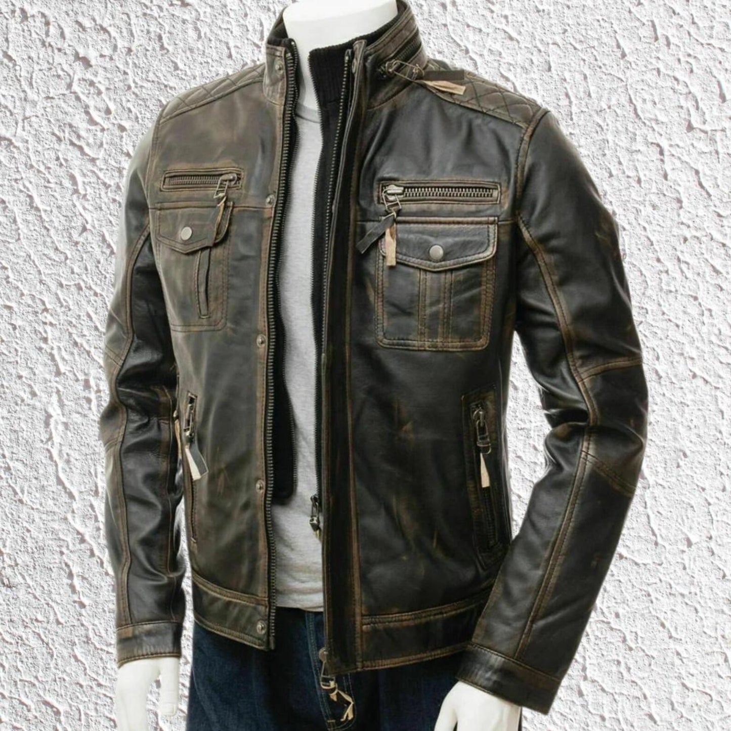 Handmade Men’s Distressed Brown Cafe Racer Leather Jacket, Vintage Motorcycle Biker Coat with Multiple Pockets