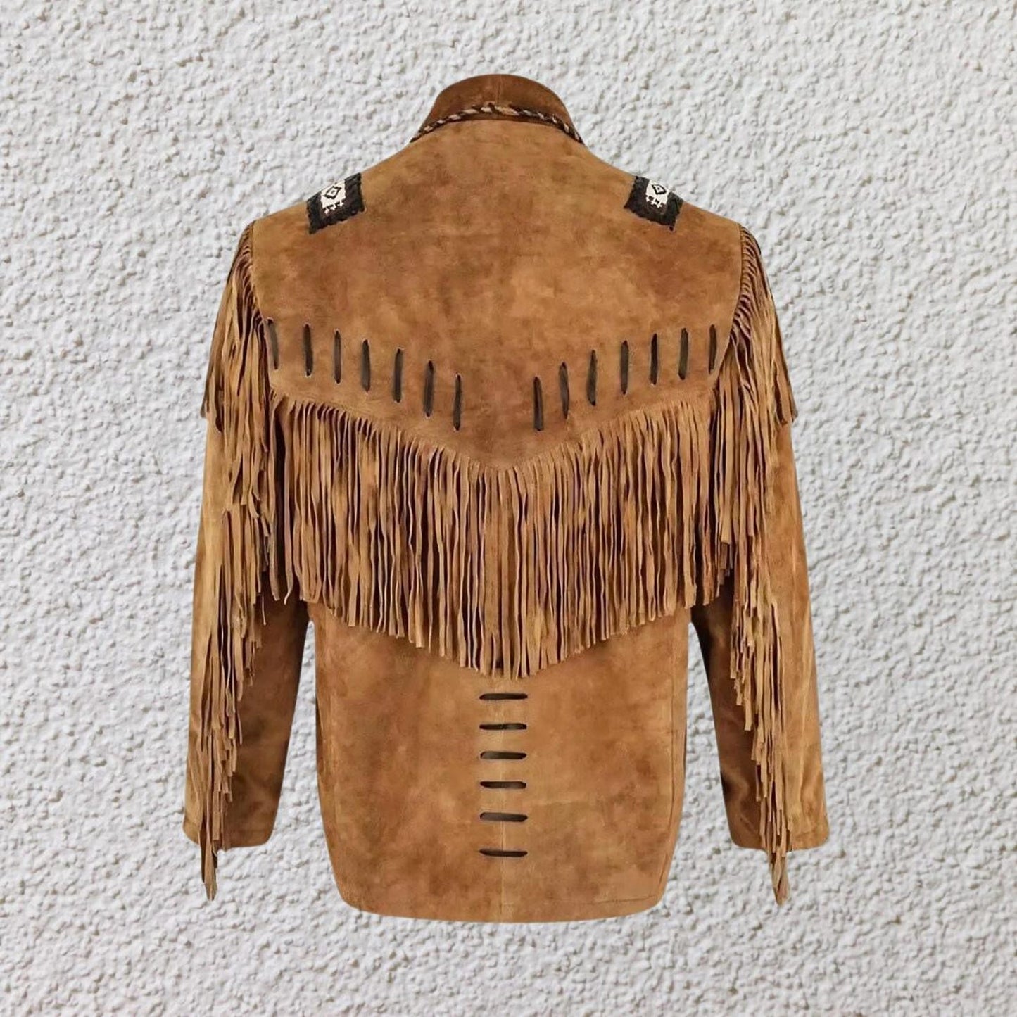 Handmade Men’s Vintage Western Suede Fringe Jacket – Tan Brown Cowboy Leather Coat with Beads – Handmade Hunter Style Outfit