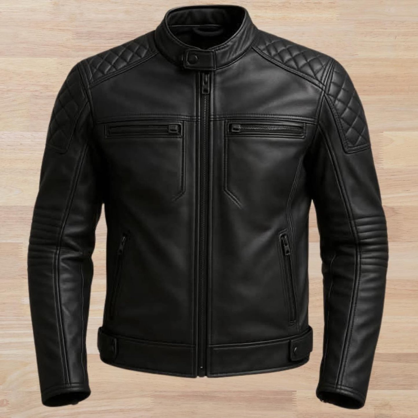 Handmade Men's Black Real Leather Biker Jacket – Quilted Shoulders, Slim Fit Moto Style, Handmade