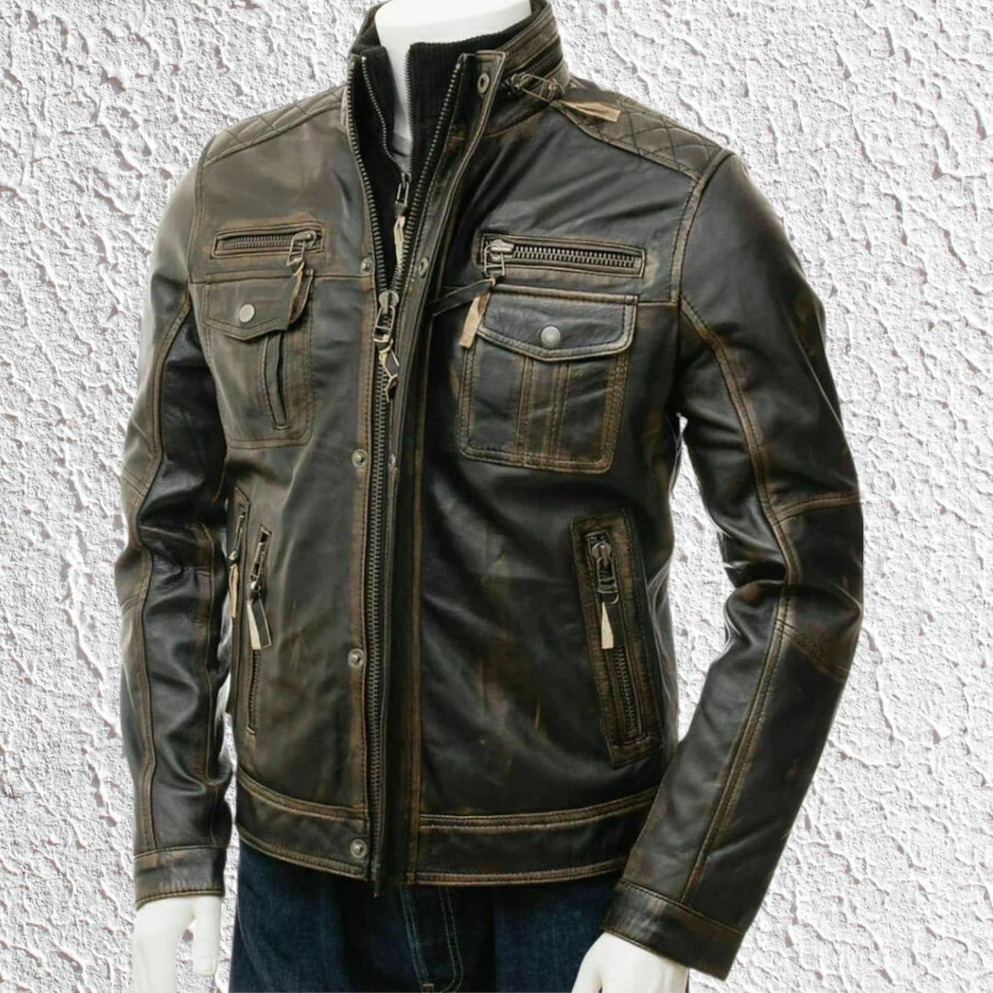 Handmade Men’s Distressed Brown Cafe Racer Leather Jacket, Vintage Motorcycle Biker Coat with Multiple Pockets