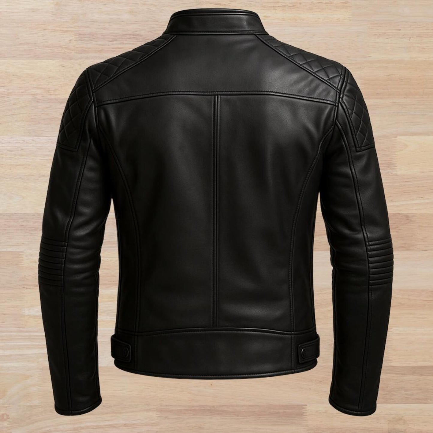 Handmade Men's Black Real Leather Biker Jacket – Quilted Shoulders, Slim Fit Moto Style, Handmade