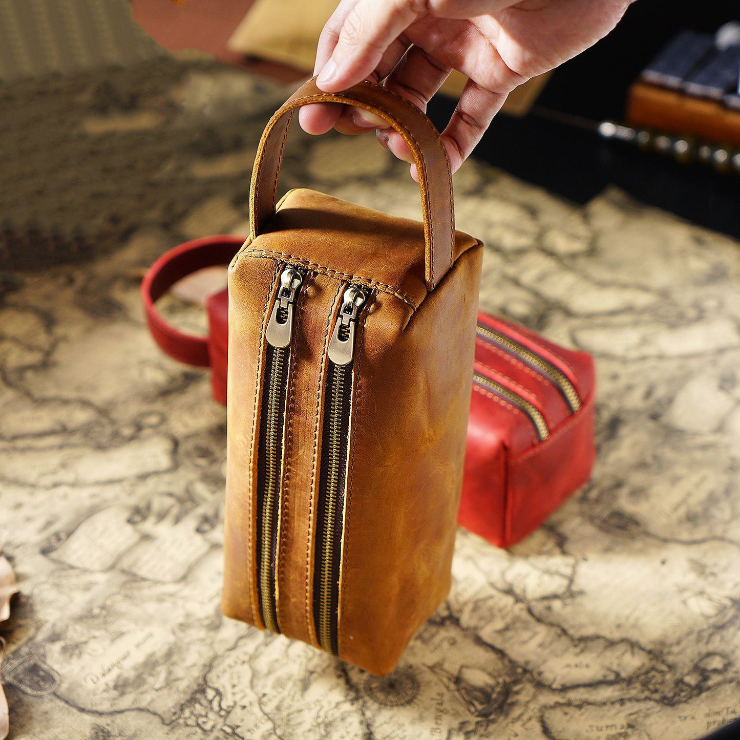 Leather Pencil Case Large Capacity Double-layer Multifunctional Stationery