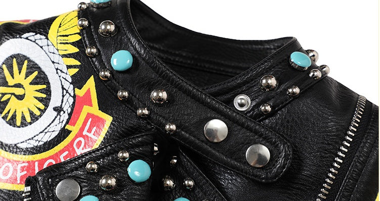 New Fashion Print Contrast Color Rivet Leather Jacket For Women