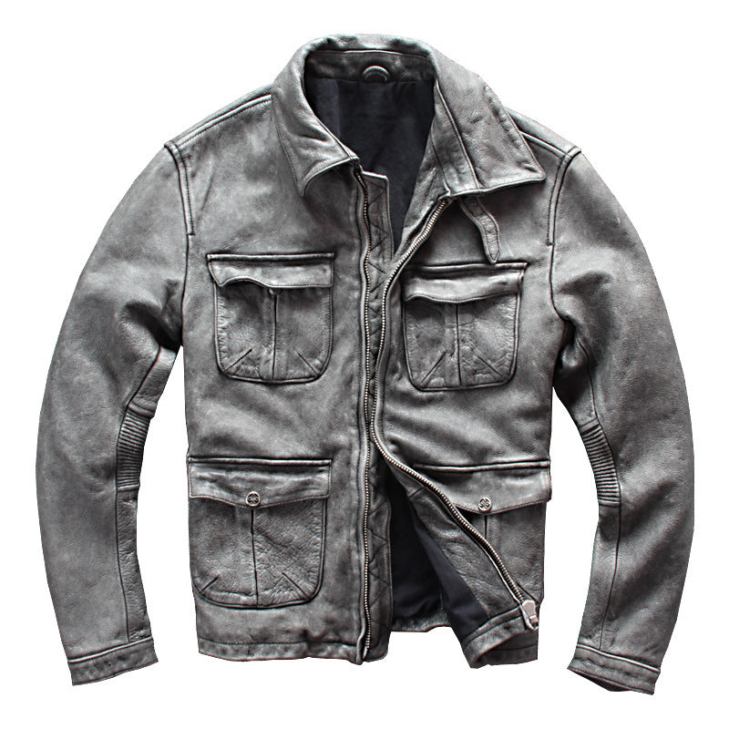 Handmade Men's Business Shirt Pocket Motorcycle Clothing Leather Jacket Coat