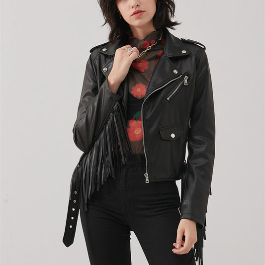 Handmade New Women's Tassel Short Slim Leather Jacket Motorcycle
