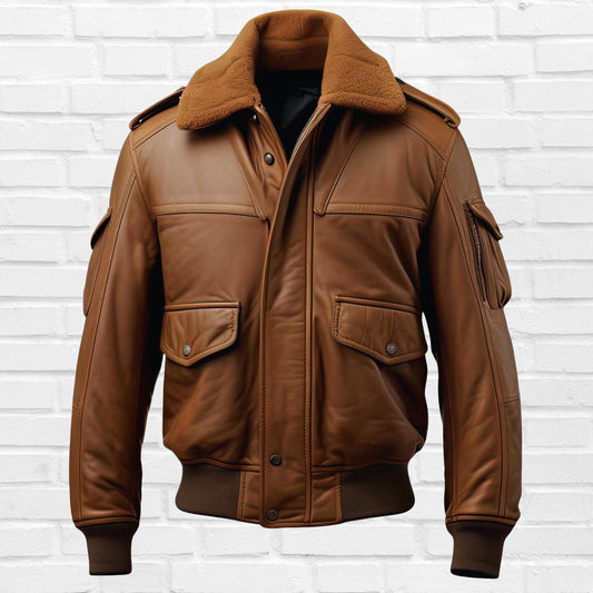 Men’s Brown Sheepskin Aviator Bomber Jacket – Genuine Leather Pilot Coat, Soft Sherpa Shearling with Faux Fur Collar, Classic Flight Jacket