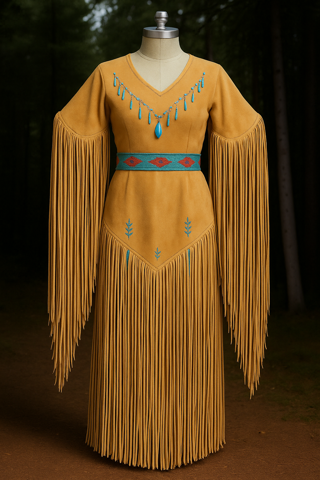 Handcrafted Suede Fringe Western Dress with Turquoise Beadwork  Native American Inspired Leather Outfit