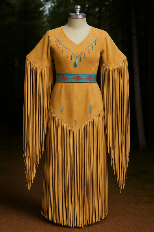 Handcrafted Suede Fringe Western Dress with Turquoise Beadwork  Native American Inspired Leather Outfit