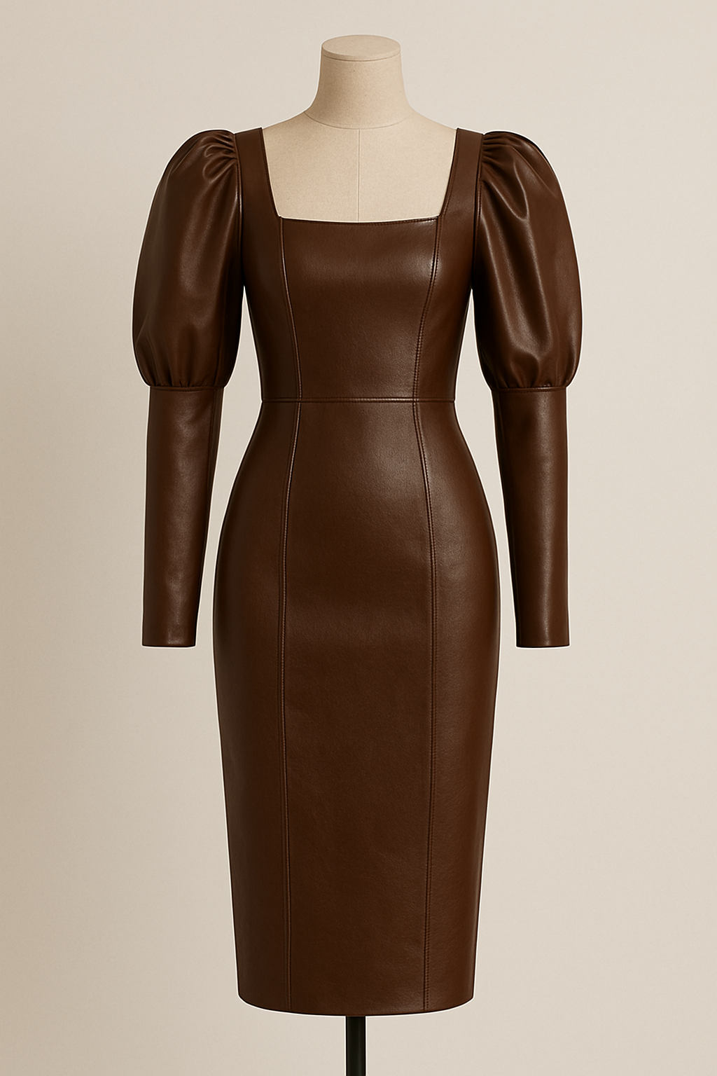 Genuine Leather Puff Sleeve Bodycon Dress | Chocolate Brown Long Sleeve Midi | Luxury Handmade Women’s Party & Evening Dress