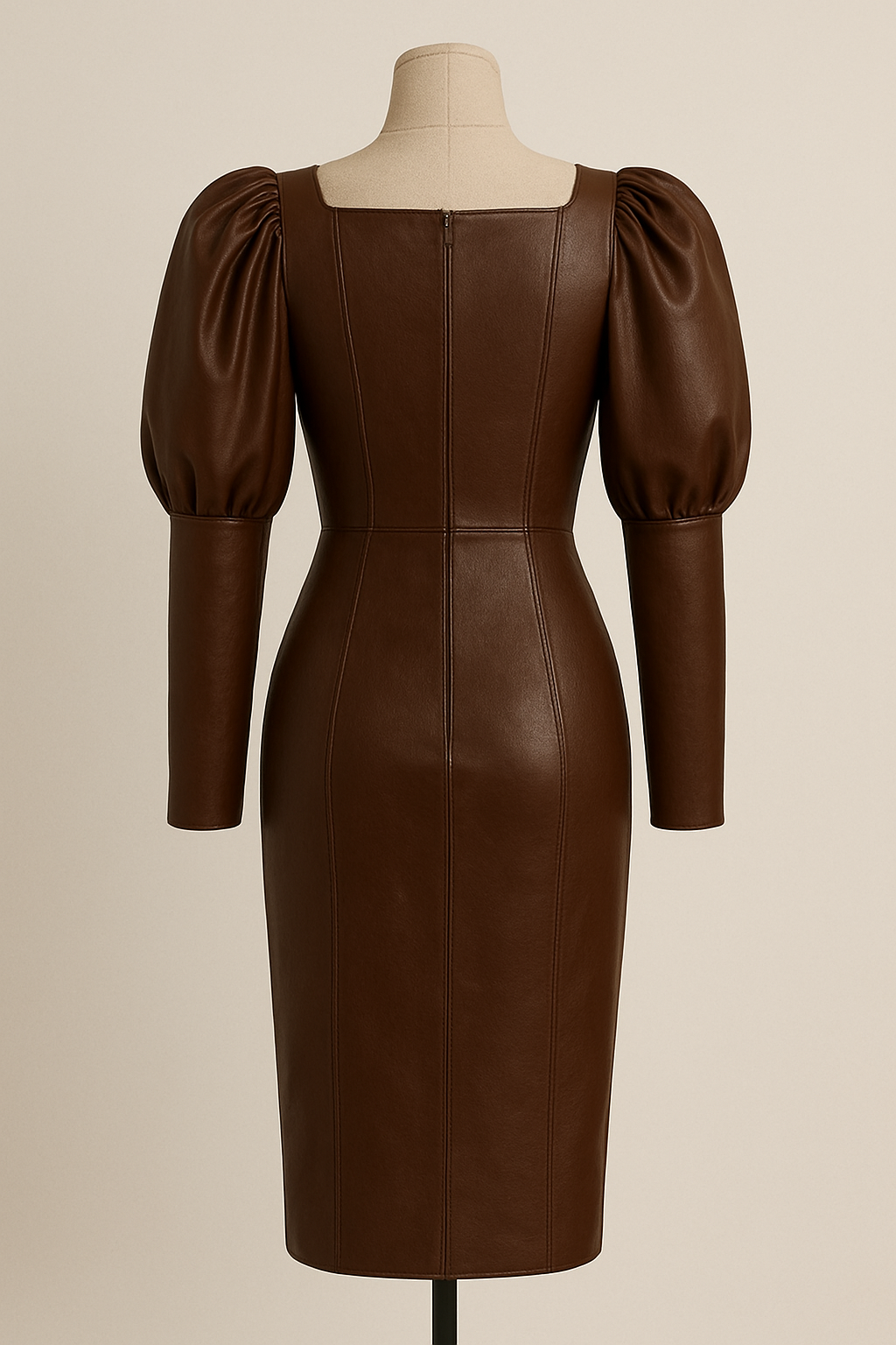 Genuine Leather Puff Sleeve Bodycon Dress | Chocolate Brown Long Sleeve Midi | Luxury Handmade Women’s Party & Evening Dress