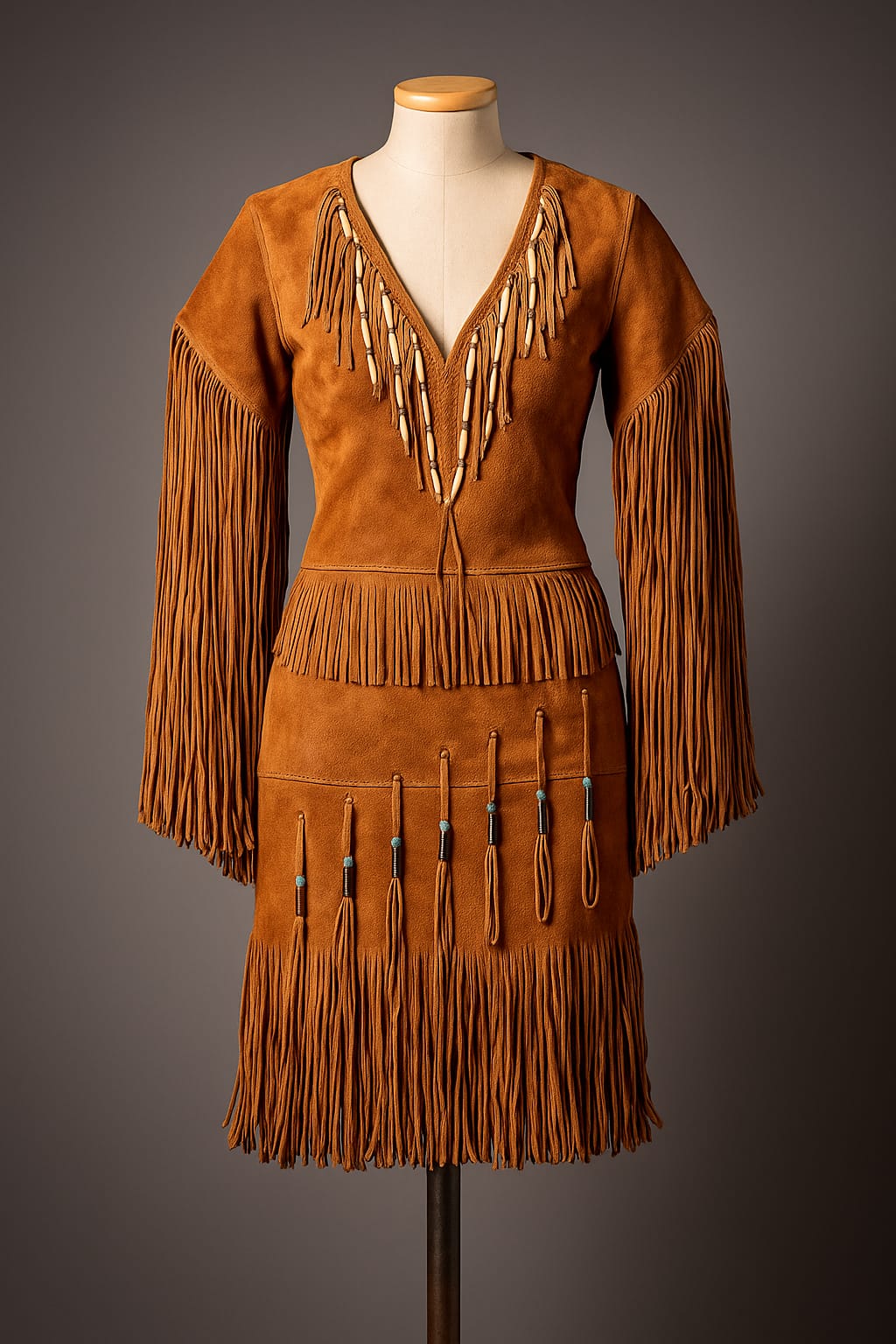 Vintage Western Suede Fringe Dress | Real Leather Boho Cowgirl Outfit | Handmade 70s Style Tan Suede Dress with Fringes Real Leather Dress
