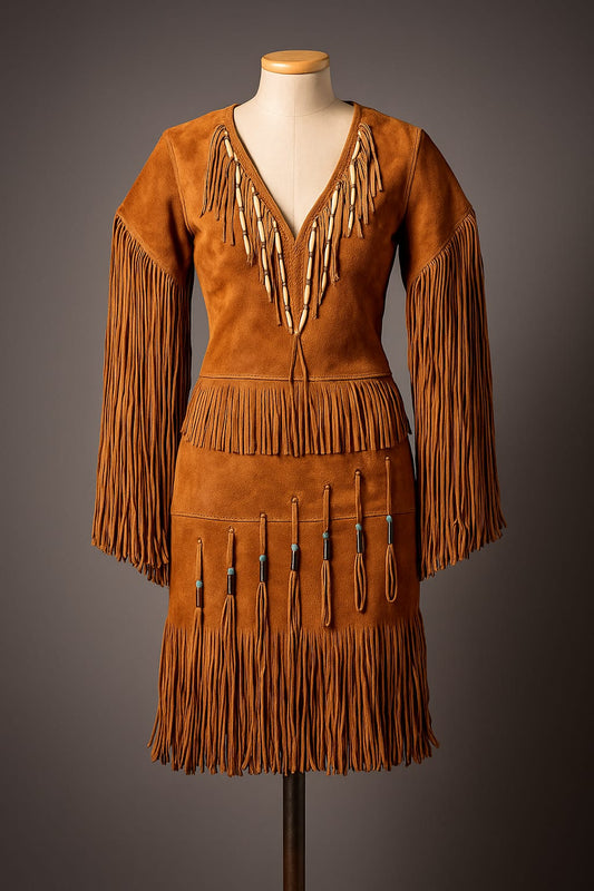 Vintage Western Suede Fringe Dress | Real Leather Boho Cowgirl Outfit | Handmade 70s Style Tan Suede Dress with Fringes Real Leather Dress