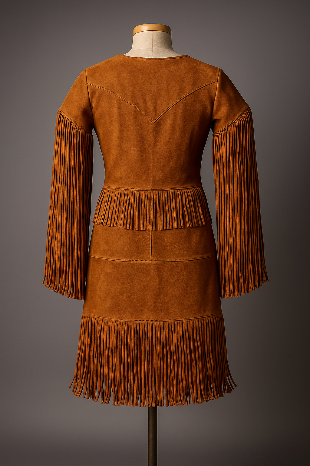 Vintage Western Suede Fringe Dress | Real Leather Boho Cowgirl Outfit | Handmade 70s Style Tan Suede Dress with Fringes Real Leather Dress