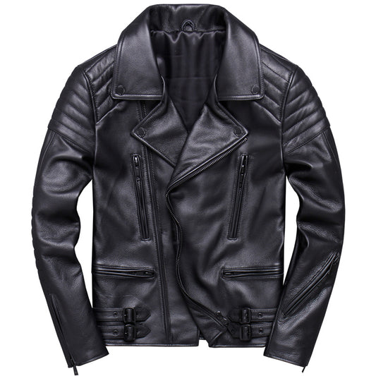 Handmade Lapel Diagonal Zipper Top Layer Cowhide Leather Leather Jacket