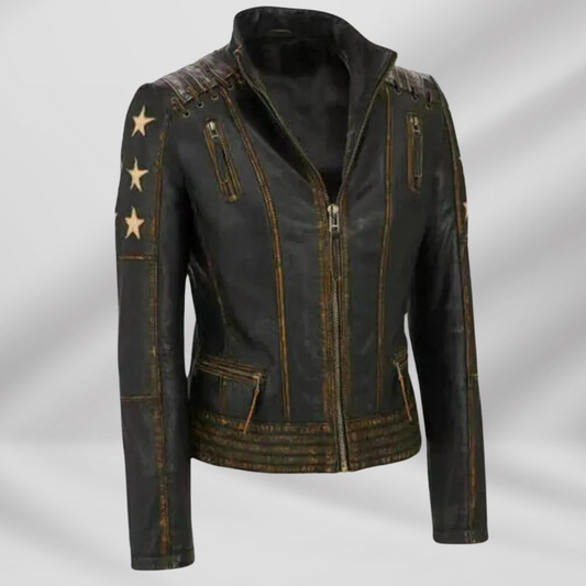 Women's Distressed Brown Café Racer Leather Jacket, Vintage Biker Bomber Jacket, Party Dancing Jacket