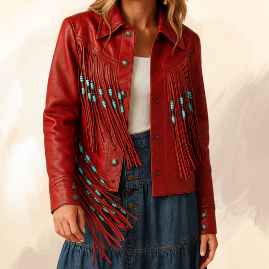 Handmade Red Leather Fringe Jacket: Western Cowgirl Style with Turquoise Beads