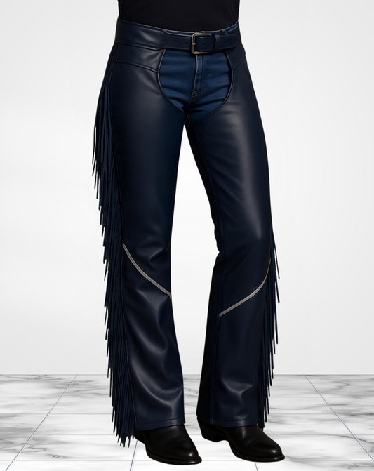 Blue Leather Fringe Chaps – Unisex Western Rodeo Pants – Handmade Cowboy Festival Riding Gear with Embroidery