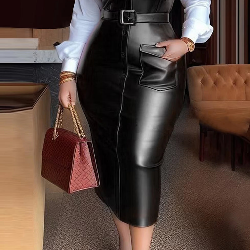 Women's Fashion V-Neck Long Sleeve Shirt Leather Trim Dress Belted Pocket