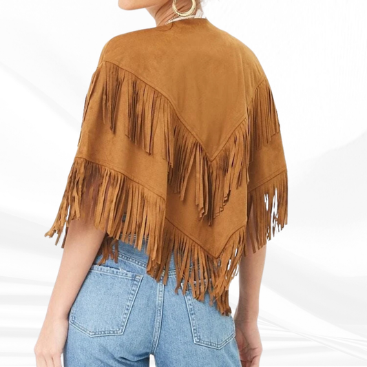 Real Leather Suede Fringe Poncho: Western Cowgirl Boho Cape