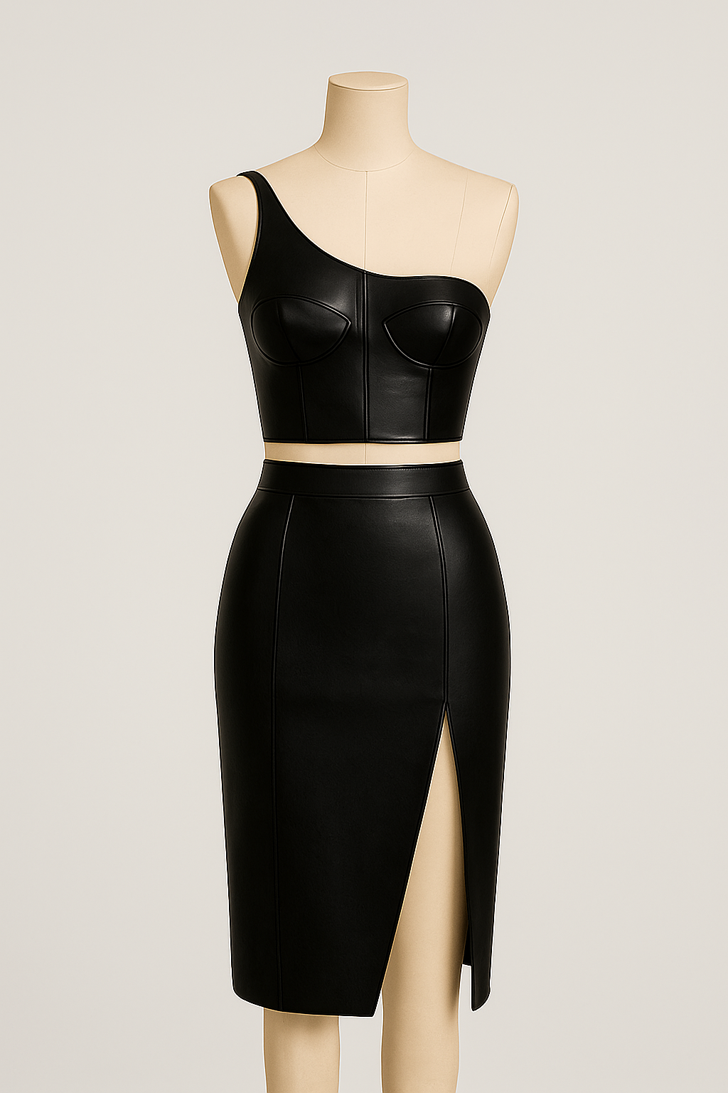 Black One Shoulder Leather Crop Top & Pencil Skirt Set | Edgy Chic Two-Piece Outfit | Women's Night Out Party Dress Real Leather Dress