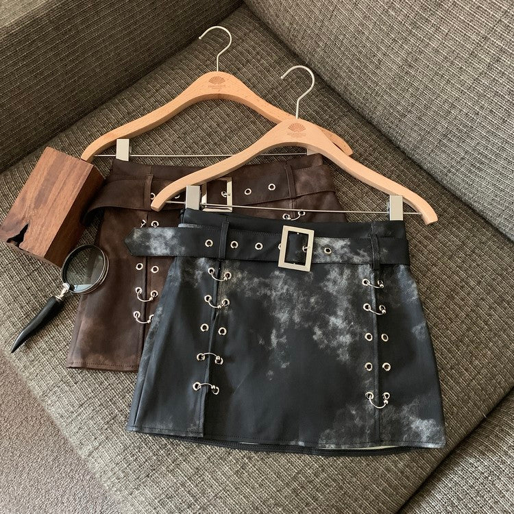 Maillard American Y2g Tie-dyed  Leather Skirt For Women