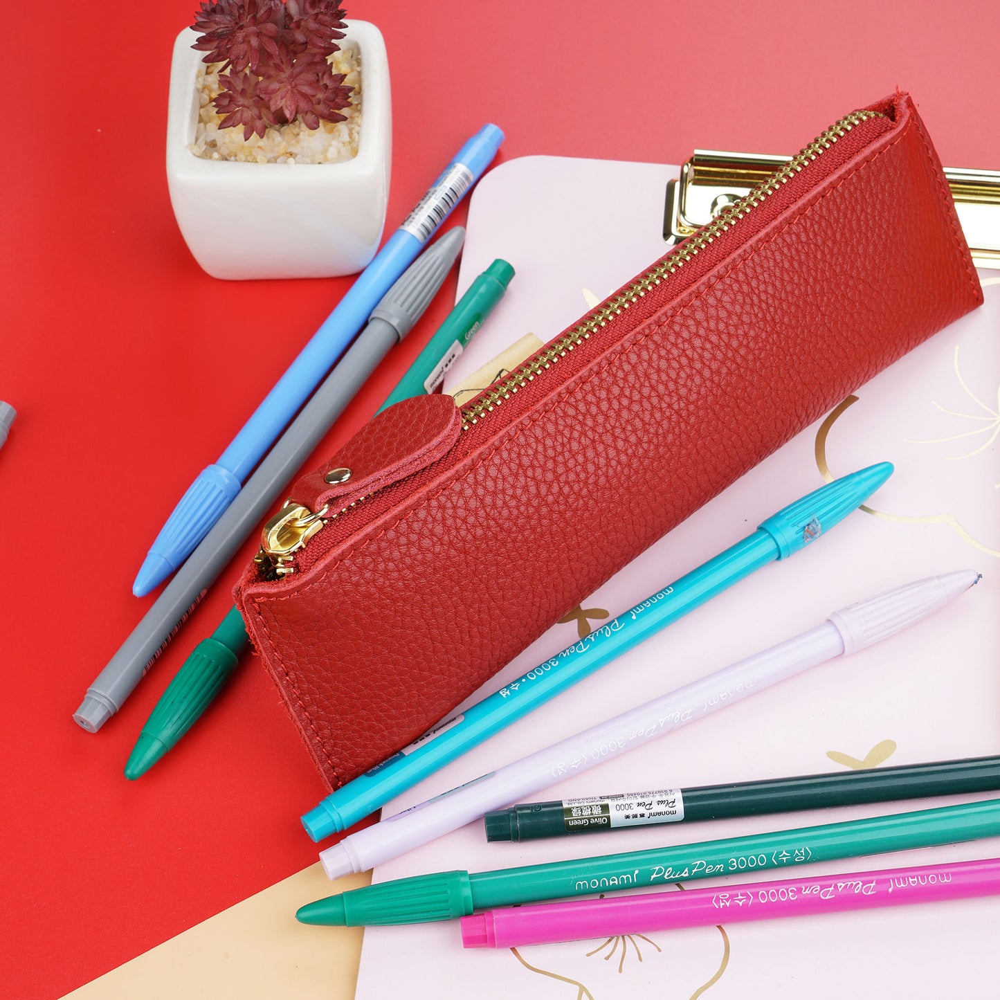 Large capacity leather pencil case
