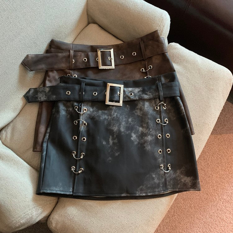 Maillard American Y2g Tie-dyed  Leather Skirt For Women