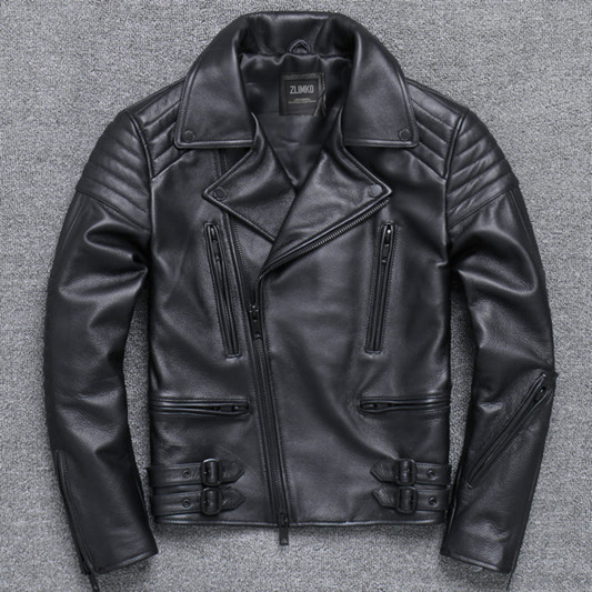 Handmade Fashion Men's Leather Diagonal Zipper Jacket