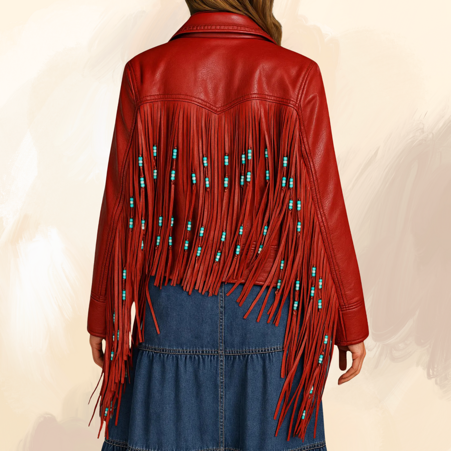 Handmade Red Leather Fringe Jacket: Western Cowgirl Style with Turquoise Beads