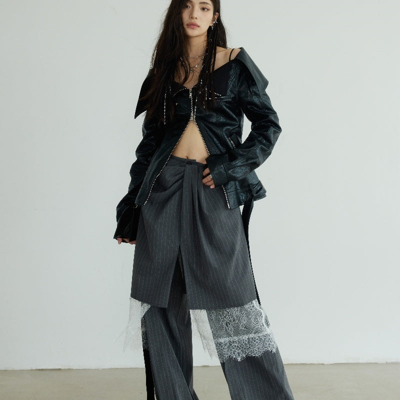 Handmade Large Lapel Off-shoulder Chapped Leather Narrow Jacket