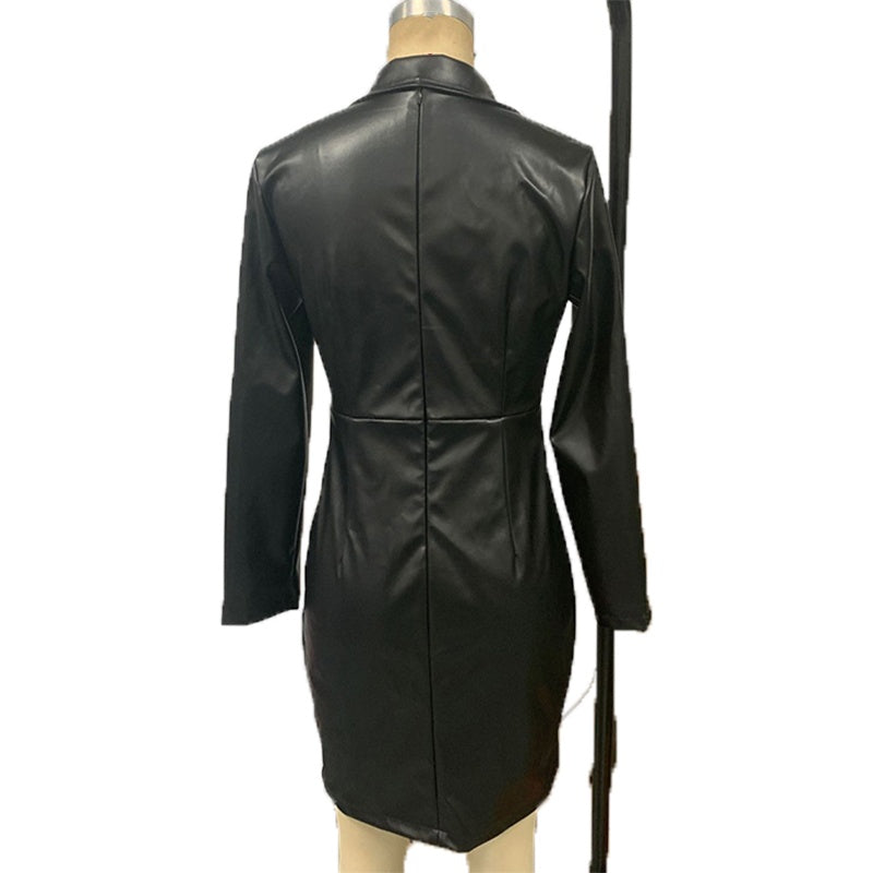 Women's Faux Leather Blazer Dress, Double-Breasted Long Sleeve Midi Dress