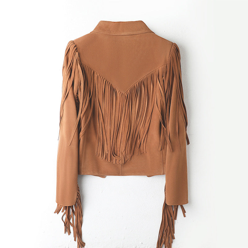 Handmade Real Leather Sheepskin Suede Lapel Tassel Motorcycle Short Jacket