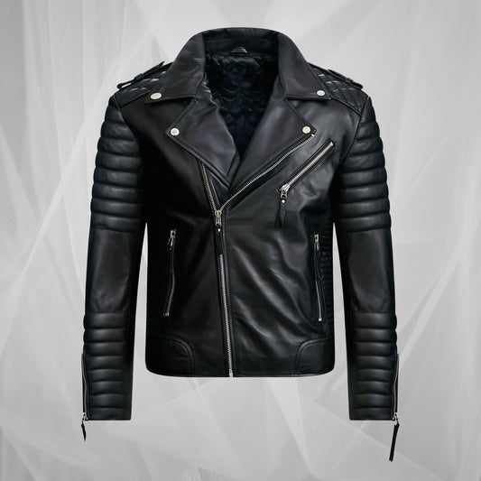 Premium black biker leather jacket - stylish motorcycle jacket with quilted sleeves and zipper details
