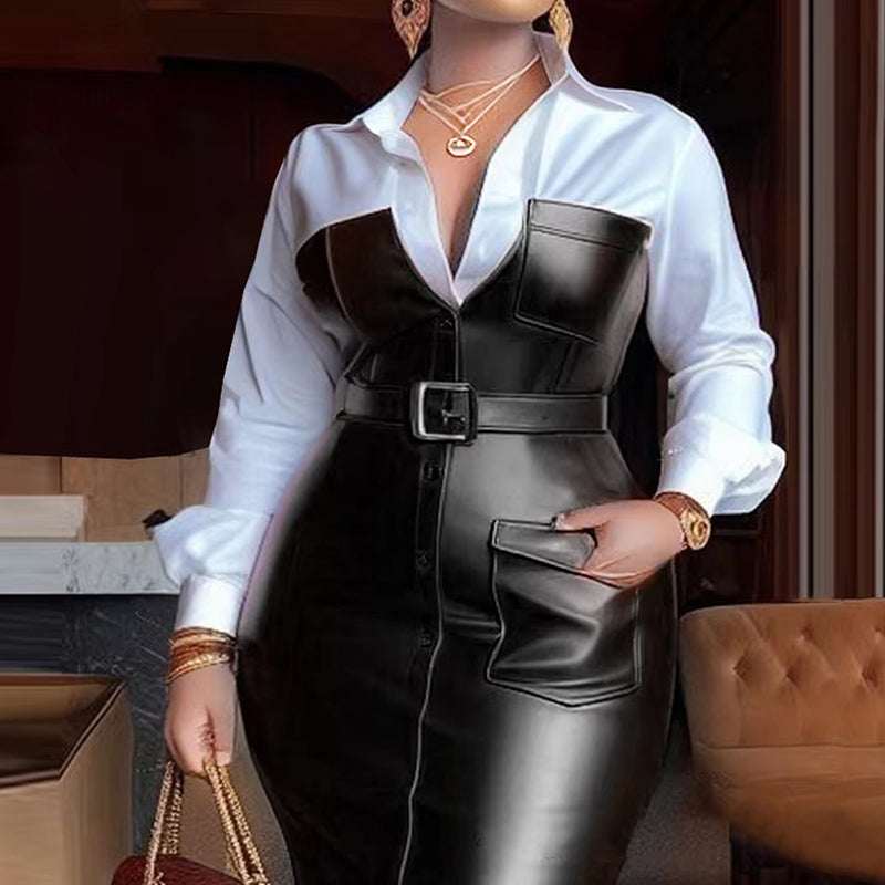 Women's Fashion V-Neck Long Sleeve Shirt Leather Trim Dress Belted Pocket