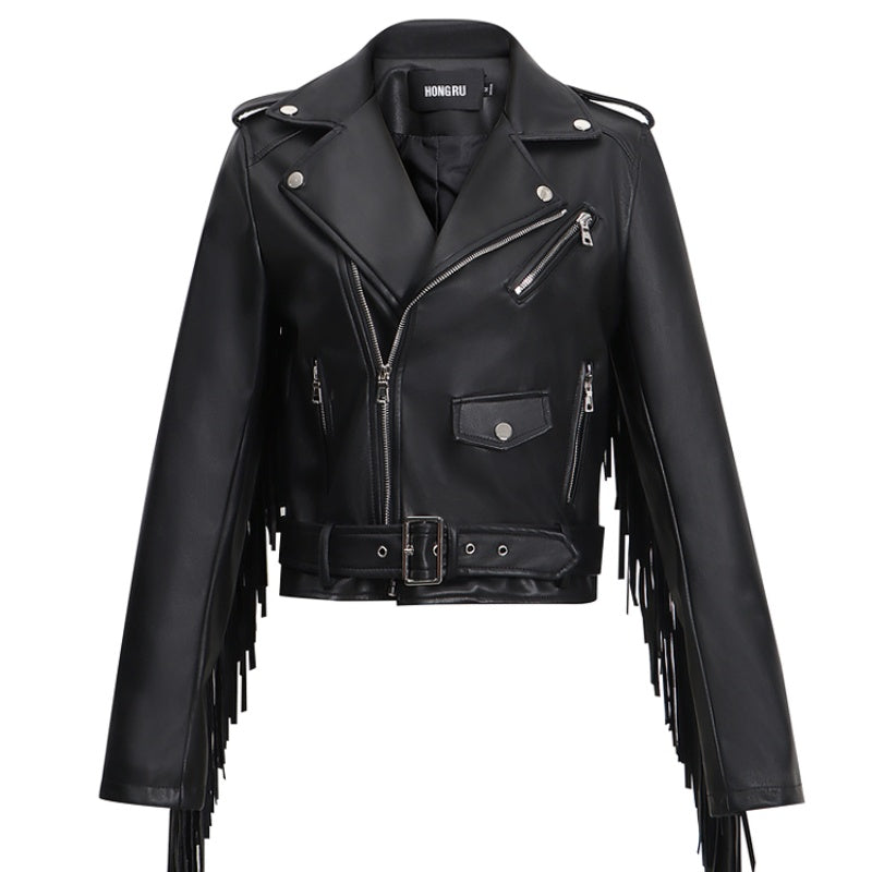 Handmade New Women's Tassel Short Slim Leather Jacket Motorcycle