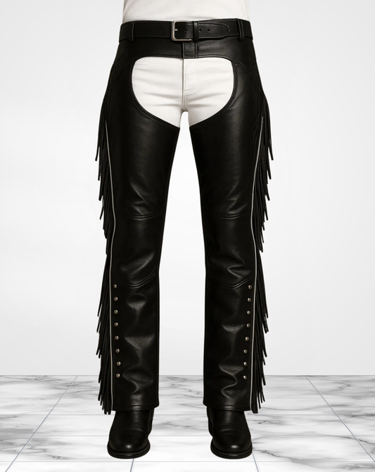 Men’s Black Leather Fringe Chaps Handmade Western Cowboy Riding Pants with Studded Sides, Tassel Detailing & Adjustable Waist Motorcycle