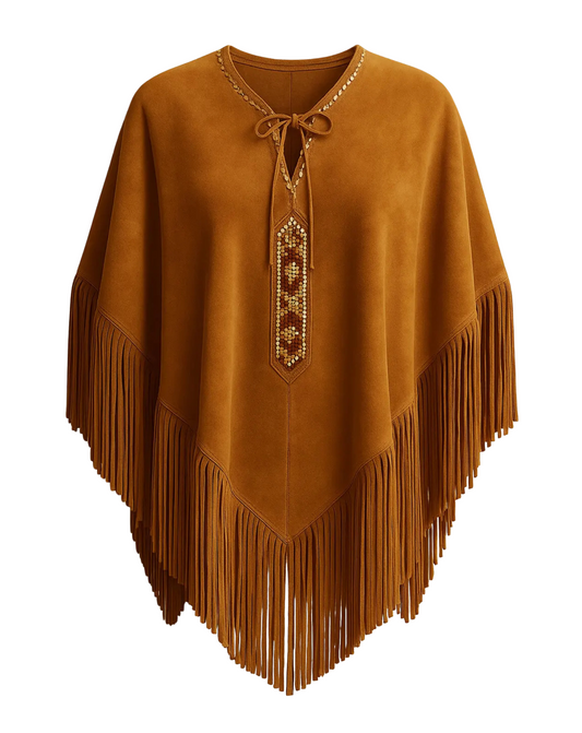 Beaded Suede Fringe Poncho: Western Cowgirl Cape - Bohemian Fall Layer