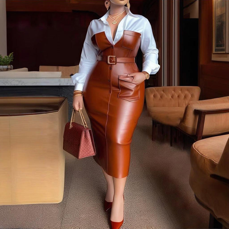 Women's Fashion V-Neck Long Sleeve Shirt Leather Trim Dress Belted Pocket