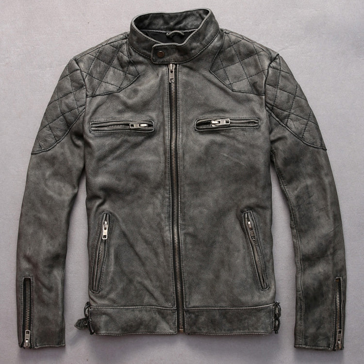 Handmade Men's distressed stand collar leather jacket