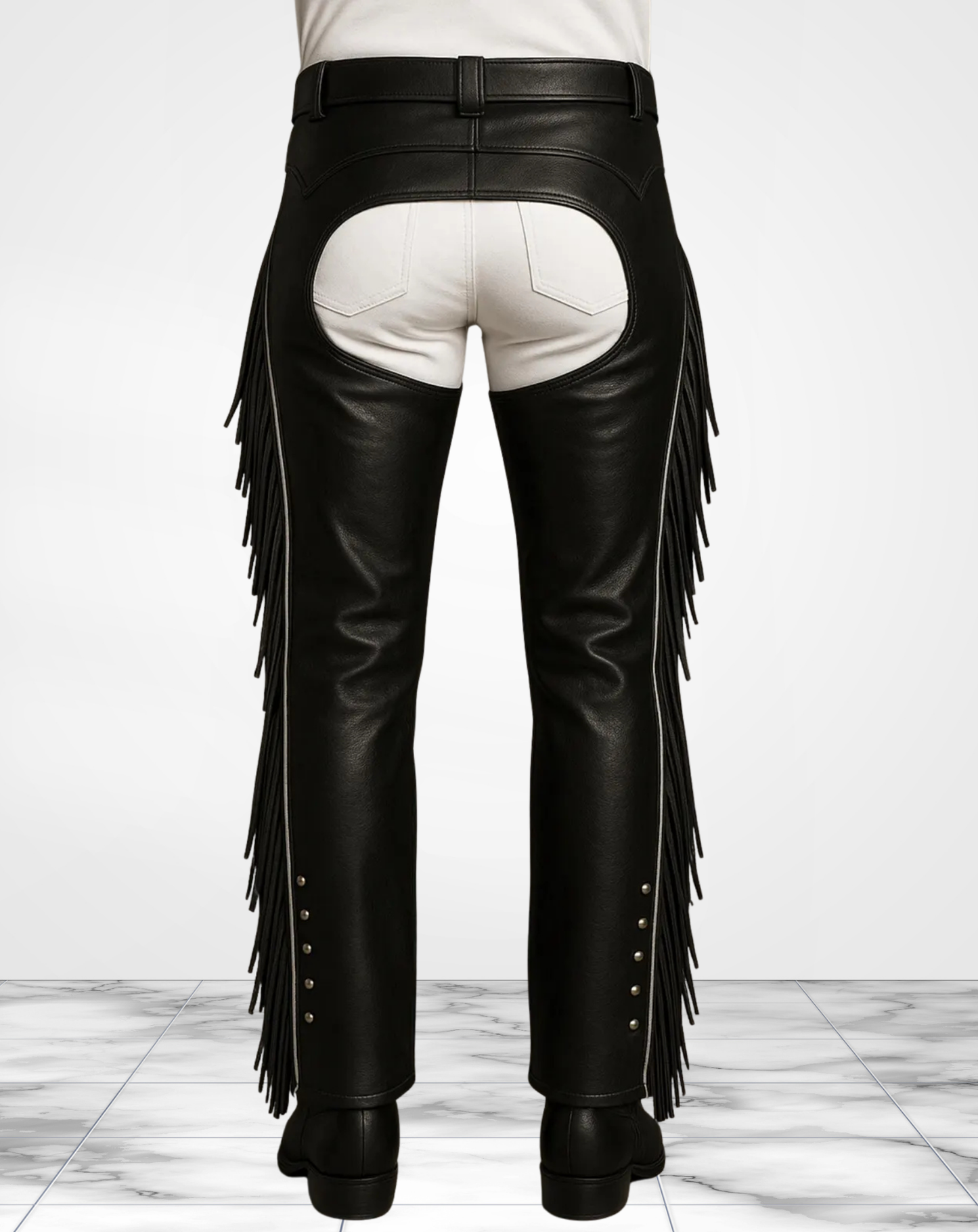 Men’s Black Leather Fringe Chaps Handmade Western Cowboy Riding Pants with Studded Sides, Tassel Detailing & Adjustable Waist Motorcycle