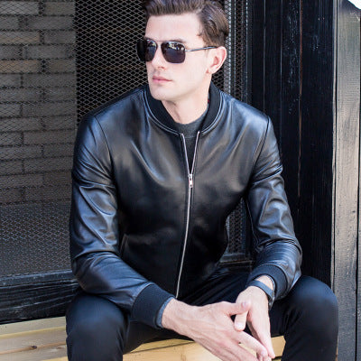 Handmade Leather men's baseball collar leather jacket