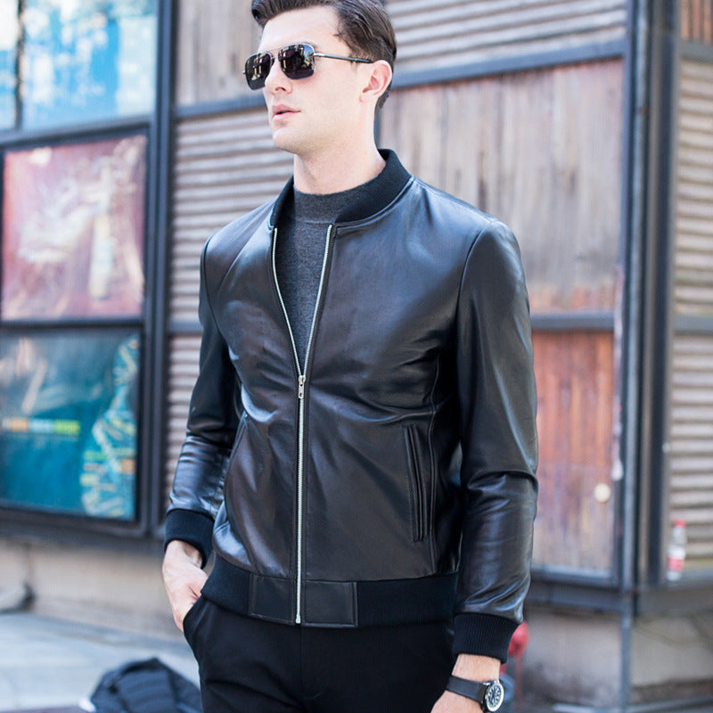 Handmade Leather men's baseball collar leather jacket