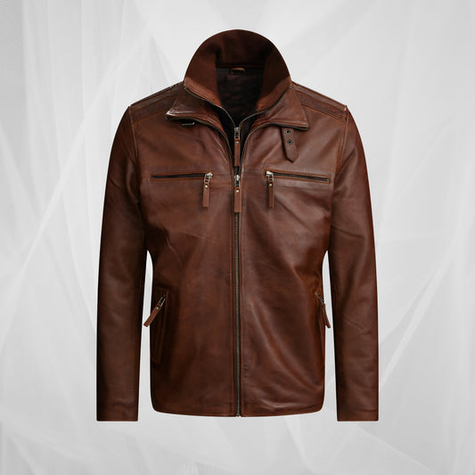 Vintage Brown Leather Jacket – Genuine Lambskin Cafe Racer, Stylish Zip-Up Biker Jacket, Classic Moto Bomber Coat, Soft Real Leather Outerwear