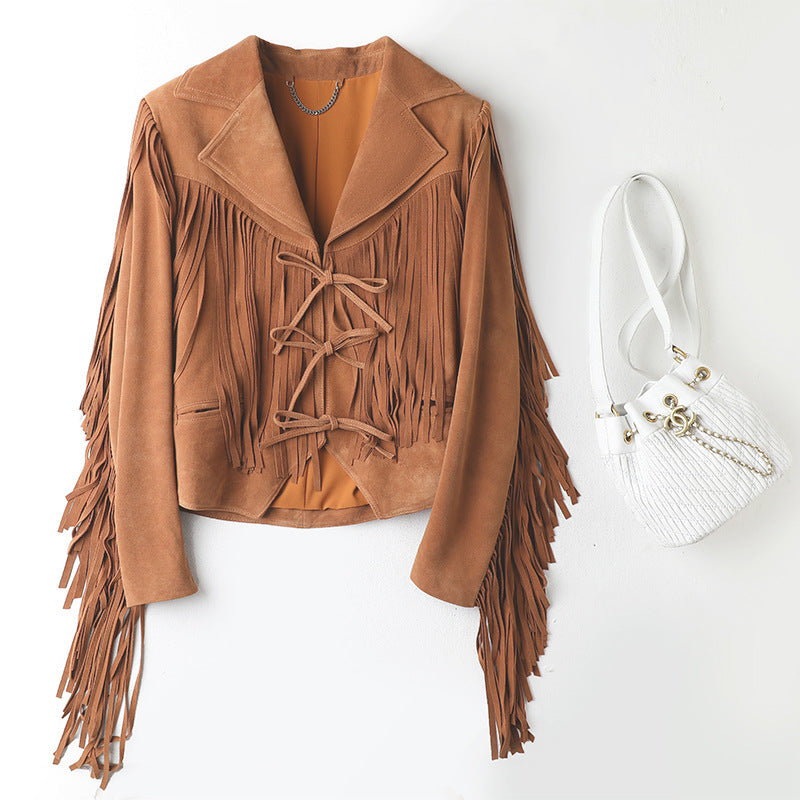 Handmade Real Leather Sheepskin Suede Lapel Tassel Motorcycle Short Jacket