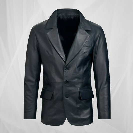 Men’s Black Genuine Leather Blazer – Classic Handmade Formal Jacket for Stylish Look