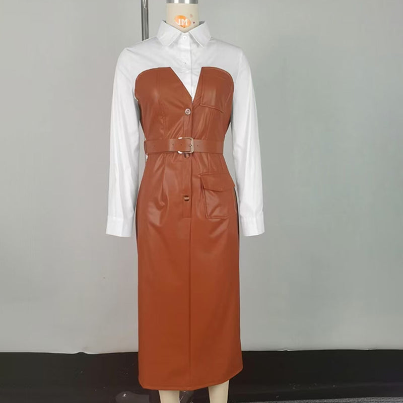 Women's Fashion V-Neck Long Sleeve Shirt Leather Trim Dress Belted Pocket