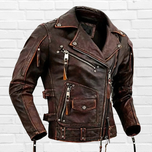 Handmade Vintage Biker Leather Jacket Brando Motorcycle Bomber Distressed Brown Cowhide Jacket Genuine Leather Jacket for Riders