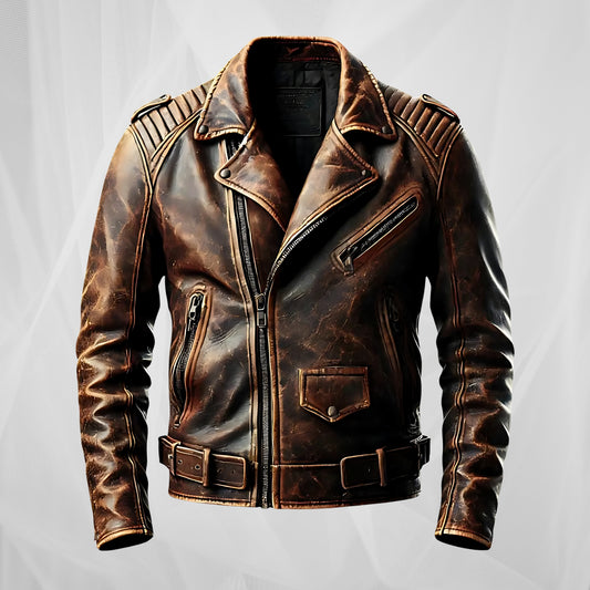 Men’s Distressed Brown Leather Biker Jacket – Vintage Motorcycle Jacket, Classic Moto Jacket with Belt & Quilted Shoulders