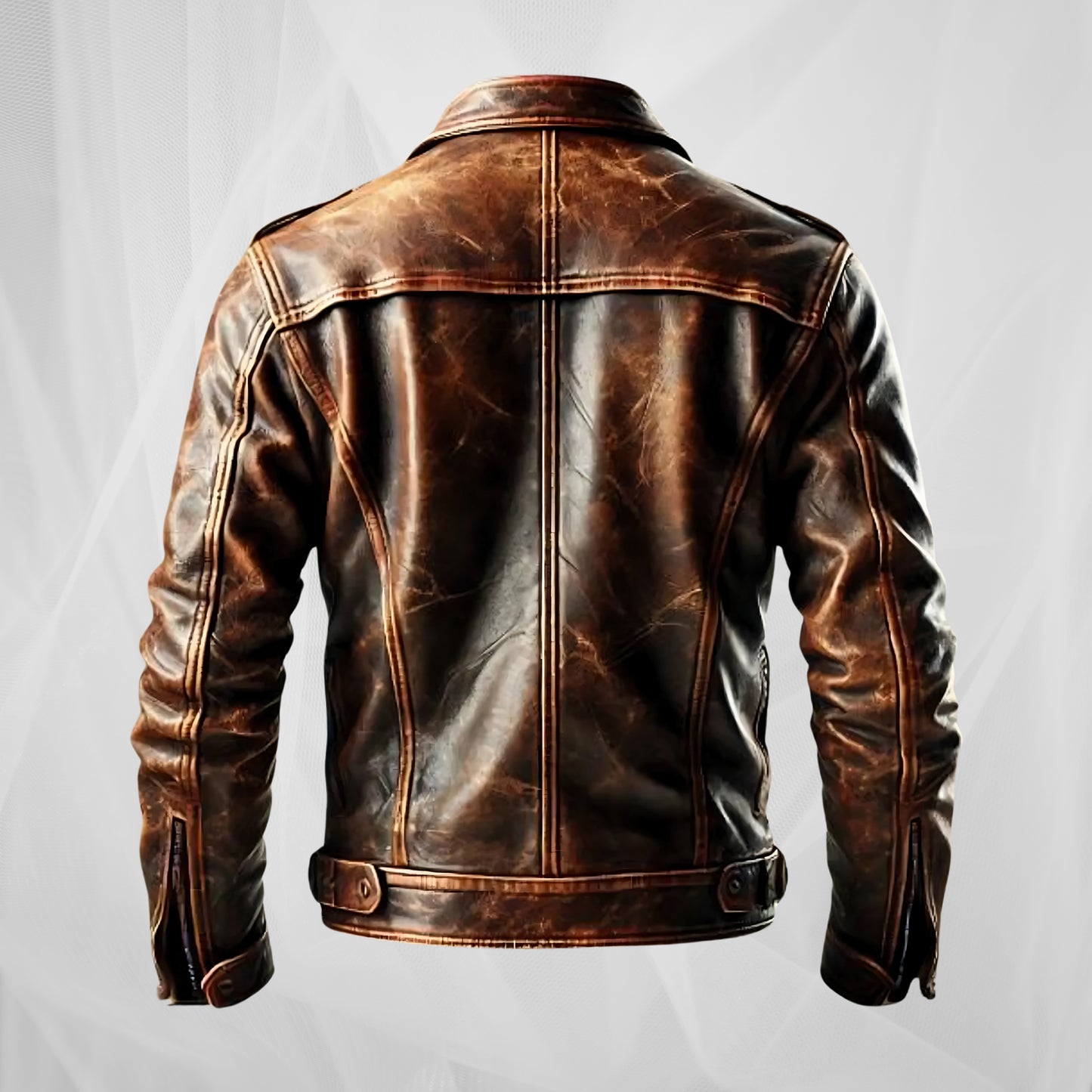 Men’s Distressed Brown Leather Biker Jacket – Vintage Motorcycle Jacket, Classic Moto Jacket with Belt & Quilted Shoulders