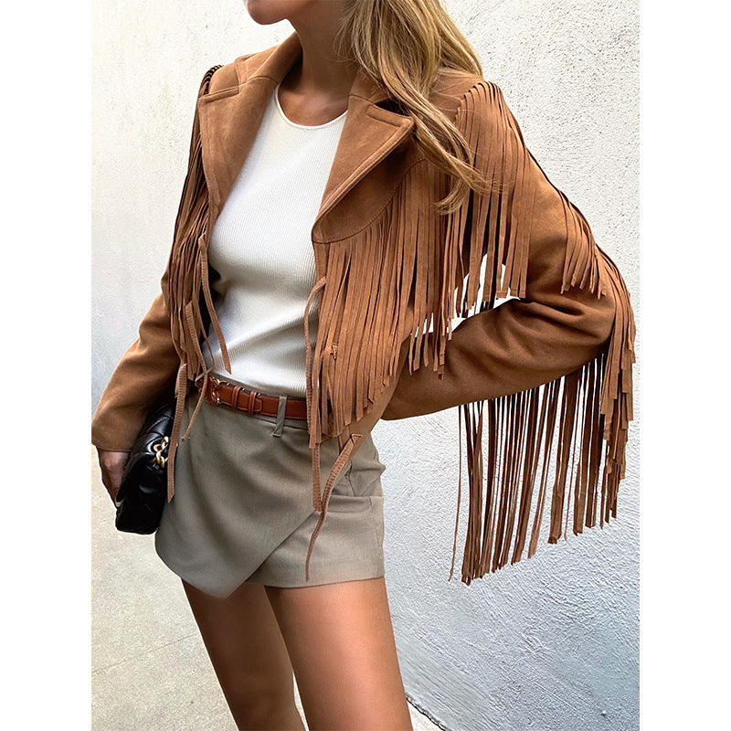 Handmade Real Leather Sheepskin Suede Lapel Tassel Motorcycle Short Jacket